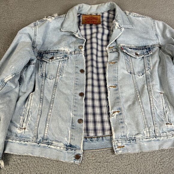 VTG Levi’s Flannel Lined Denim Trucker Jacket Mens L Blue Distressed Grunge Y2K - Picture 2 of 15